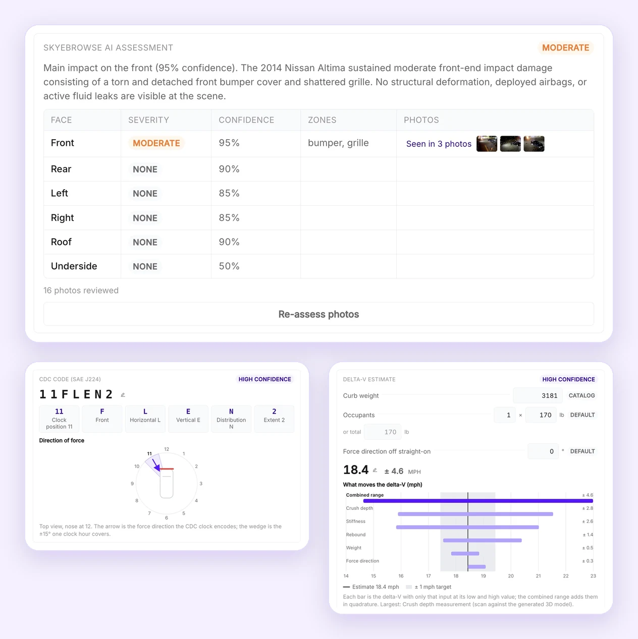 Crush tab panels: the SkyeBrowse AI assessment rating damage severity and confidence for each face of the vehicle, the decoded CDC code with its direction-of-force clock, and the delta-V estimate with the inputs that move it