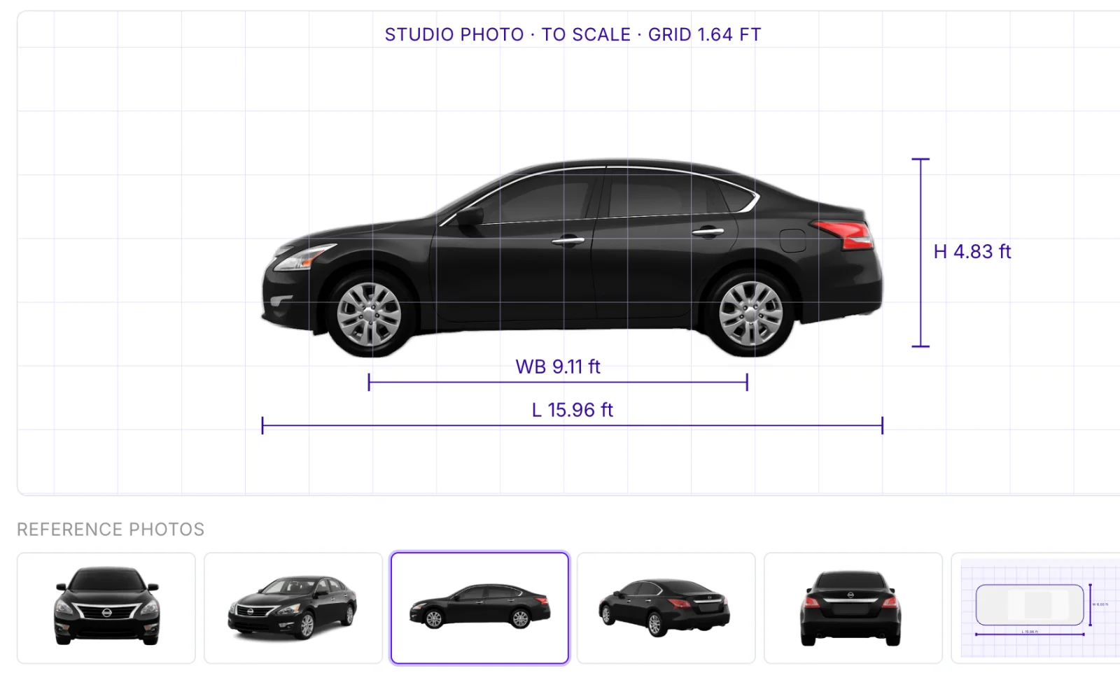 Photos tab showing a to-scale side profile of the identified sedan with height, wheelbase and length dimensions above a row of reference photos