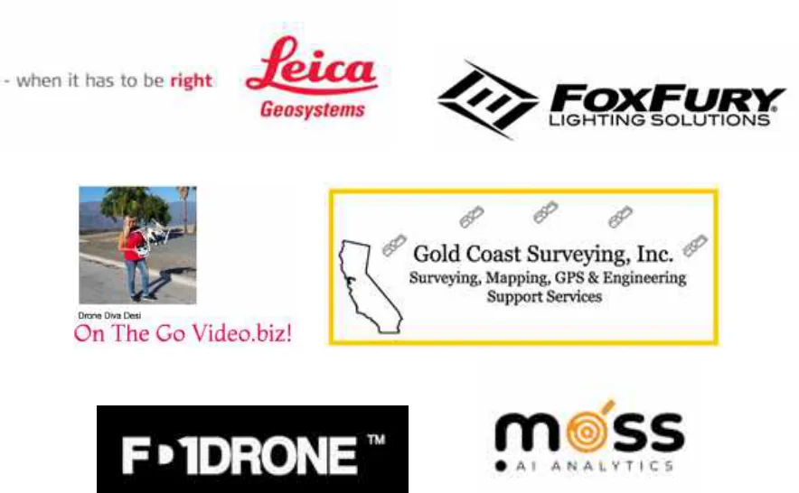 Logos of the brands that helped stage the study: Leica Geosystems, FoxFury Lighting Solutions, Drone Diva Desi of On The Go Video.biz, Gold Coast Surveying, Inc., a drone brand, and Moss AI Analytics