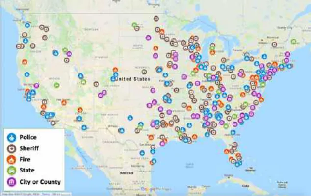US map of public safety agencies using drones in 2017, color coded by police, sheriff, fire, state, and city or county agencies