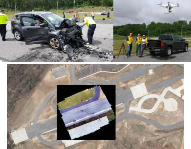NCDOT collision scene experiment: crashed vehicles with investigators and a drone overhead, and an aerial reconstruction of the training facility