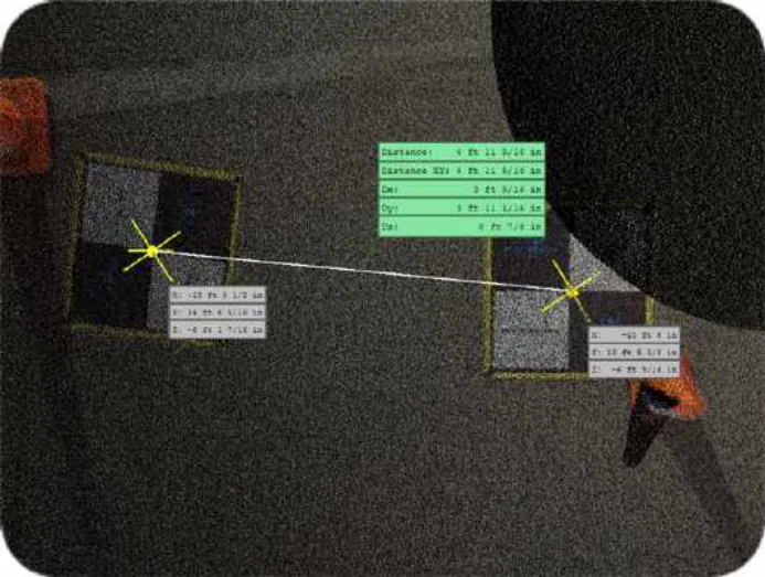 Leica BLK360 laser scan point cloud in Cyclone Register 360 measuring the GCP1 to GCP2 line (Location 1)