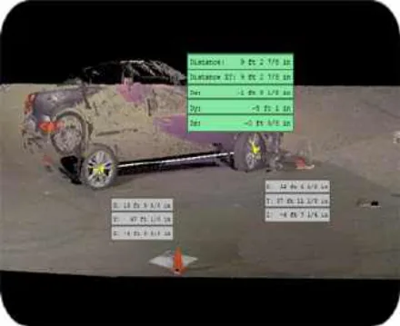 Leica BLK360 laser scan point cloud in Cyclone Register 360 measuring the wheel to wheel to GCP4 triangle (Locations 7-9), view 2