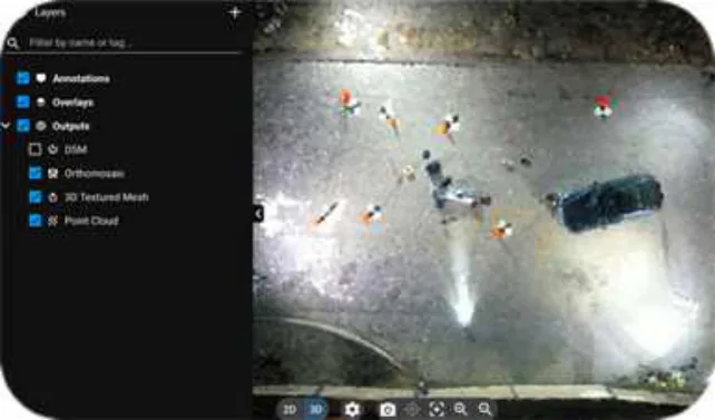 Pix4D layers panel and overhead point cloud of the night accident site