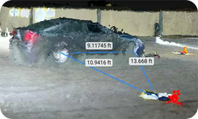Pix4D Mapper point cloud measuring the wheel to wheel to GCP4 triangle (Locations 7-9)